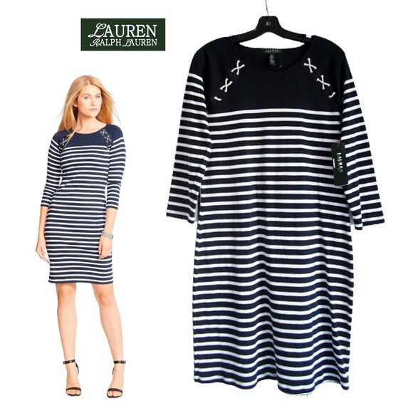 LAUREN RALPH LAUREN NEW Coastal Grandmother Nautical Stripe 3/4-Sleeve Dress XL - Picture 1 of 12